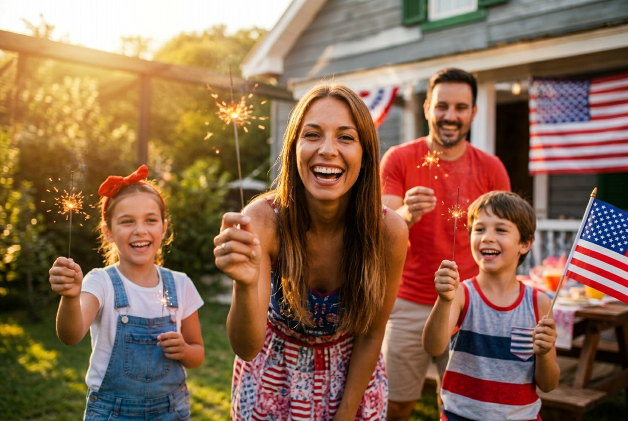 A happy multi-generational family celebrating the Fourth of July with sparklers and flags